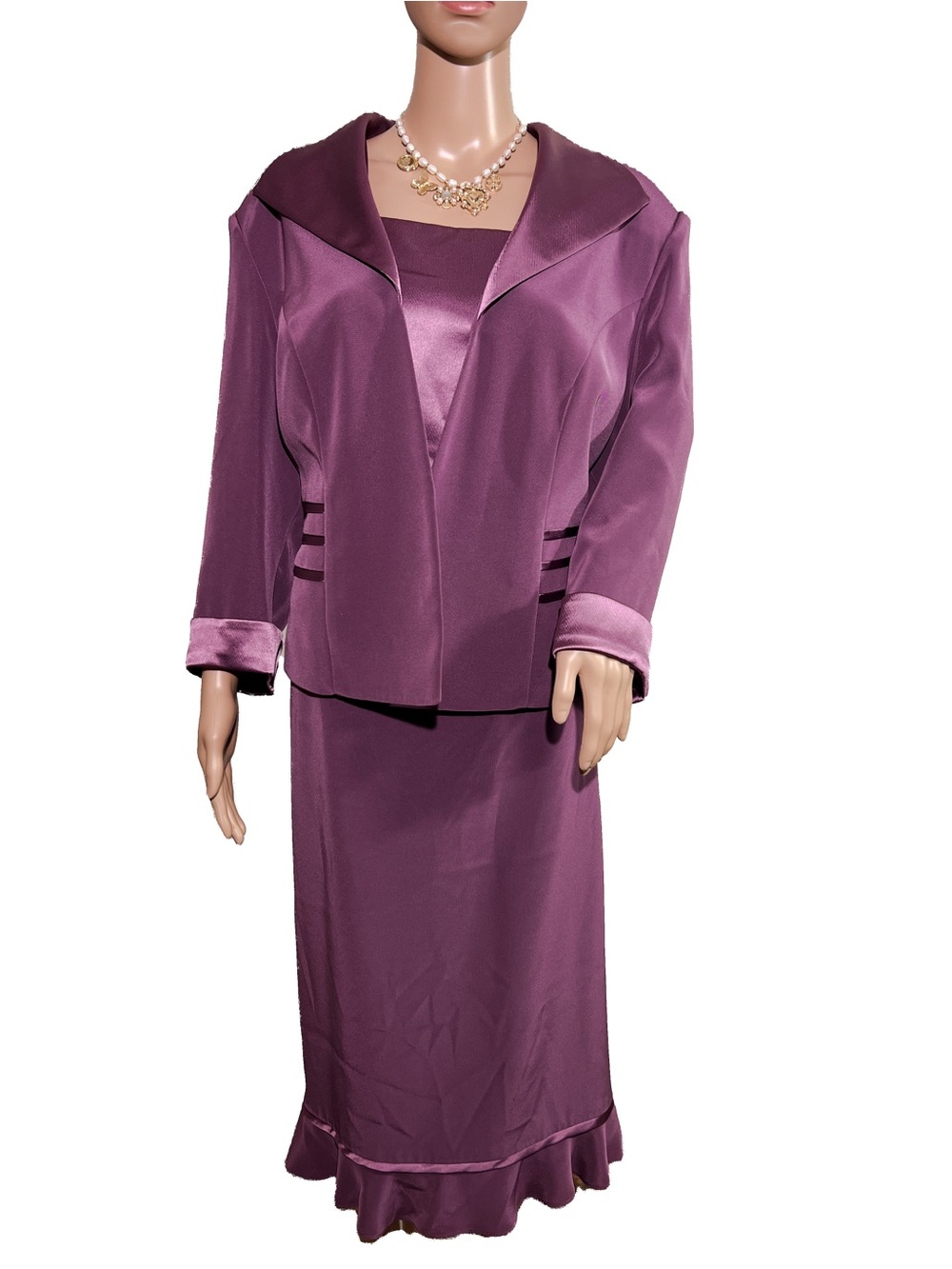 Lorellana Couture Vintage Plum Satin 3-Piece Formal Skirt Suit Set for Wedding